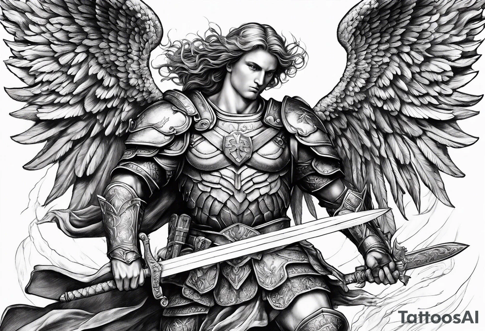 St.Michael angel with solid armor, holding a sword while killing the devil laid down on the ground tattoo idea