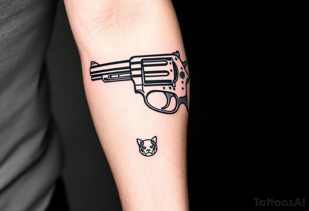 Revolver, American flag, state of florida, grenade, horseshoe, bulldog and blended into a half forearm sleeve with designed filling for a full arm sleeve tattoo idea