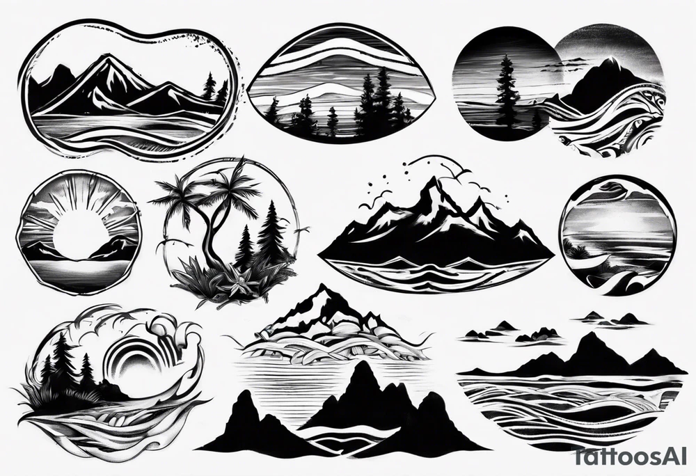 mountains, beach, waves, sunset, trees tattoo idea