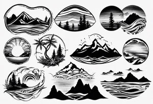 mountains, beach, waves, sunset, trees tattoo idea