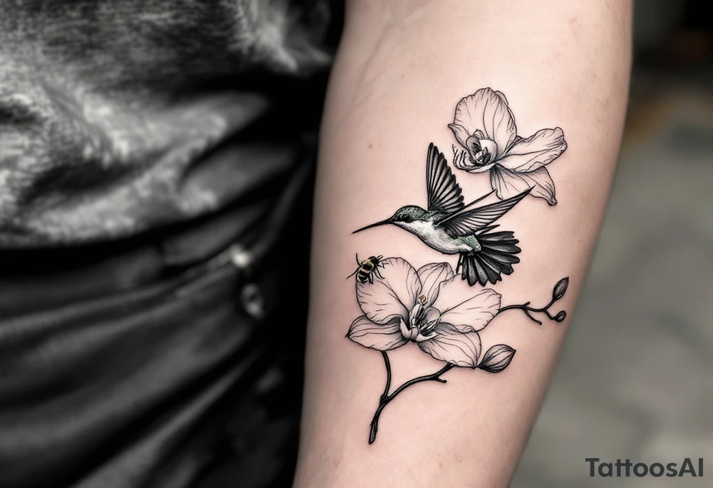 A delicate, black and white fine-line tattoo for male, featuring gracefully detailed 2 orchids in full bloom including their stems, with soft, intricate petals and elegant curves. Beside it, a hummingbird hovers mid-flight, its wings drawn with subtle motion lines, its slender beak reaching toward the orchid’s center to drink its nectar. on the other flower there is a bee that is resting tattoo idea