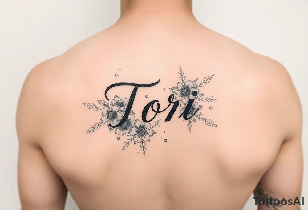 Name Tori with flowers hand tattoo idea