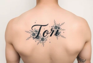 Name Tori with flowers hand tattoo idea