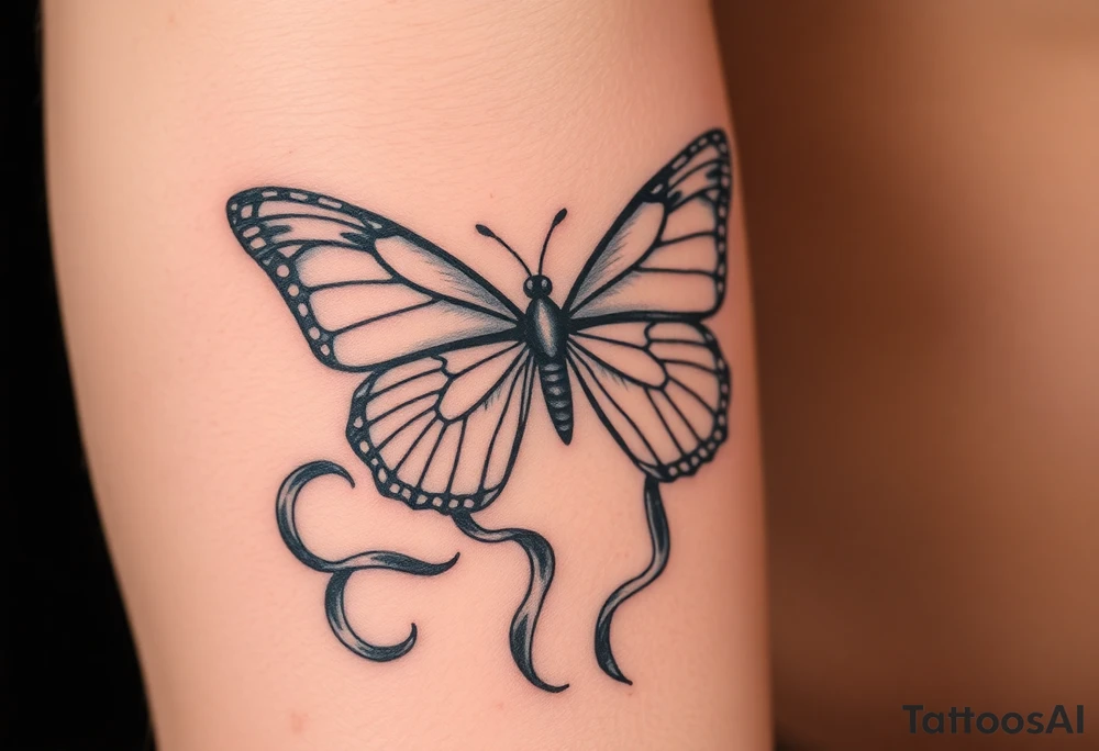 ethereal butterfly with flowing silk ribbons in moonlight tattoo idea