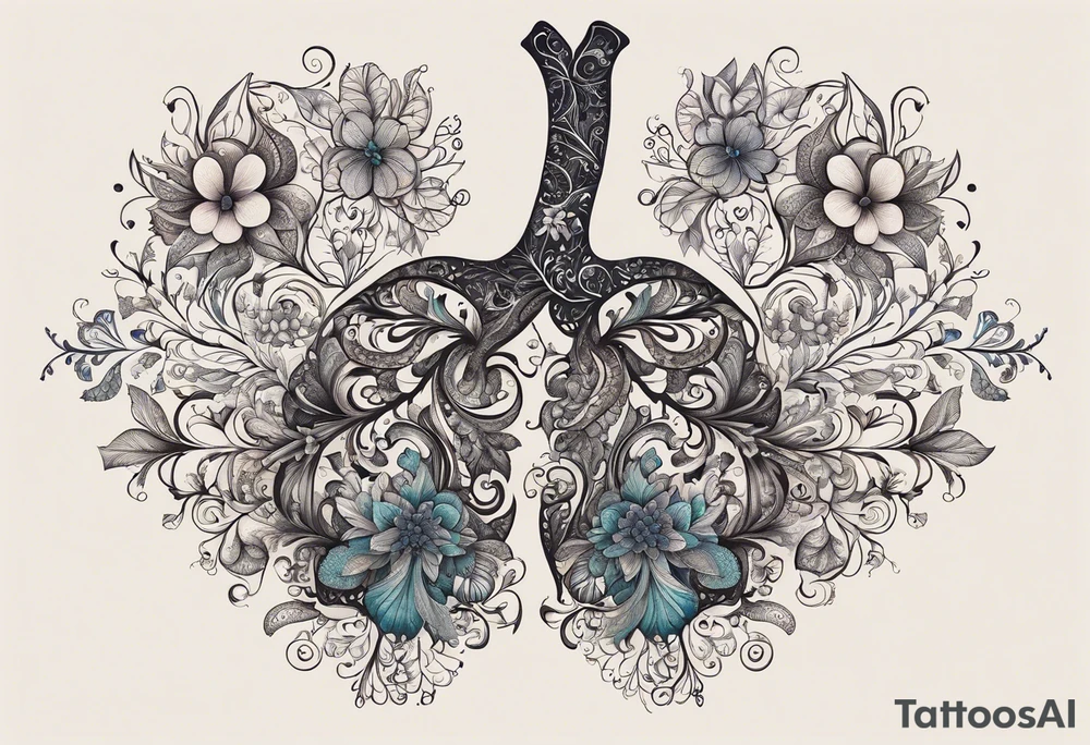 intricate and artistic arrangement of flowers and ornamental patterns that come together to form the shape of human lungs. The design should have a balance of delicacy and detail, with vibrant floral elements seamlessly intertwining to mimic the structure of the lungs, including the bronchi branching into floral motifs. Incorporate subtle shading and depth to give the tattoo a dynamic and organic feel, while maintaining elegance and symmetry, embrace by an octopus and butterflies flying around tattoo idea