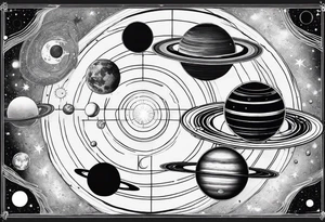 an accurate depiction of our solar system with each planet named in a sleeve tattoo format, minimalistic with thin lines and a lot of empty unfilled space tattoo idea