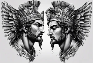 Greek or Roman mythology half sleeve  add some background and other things to make the person almost full or full height add background details men god tattoo idea