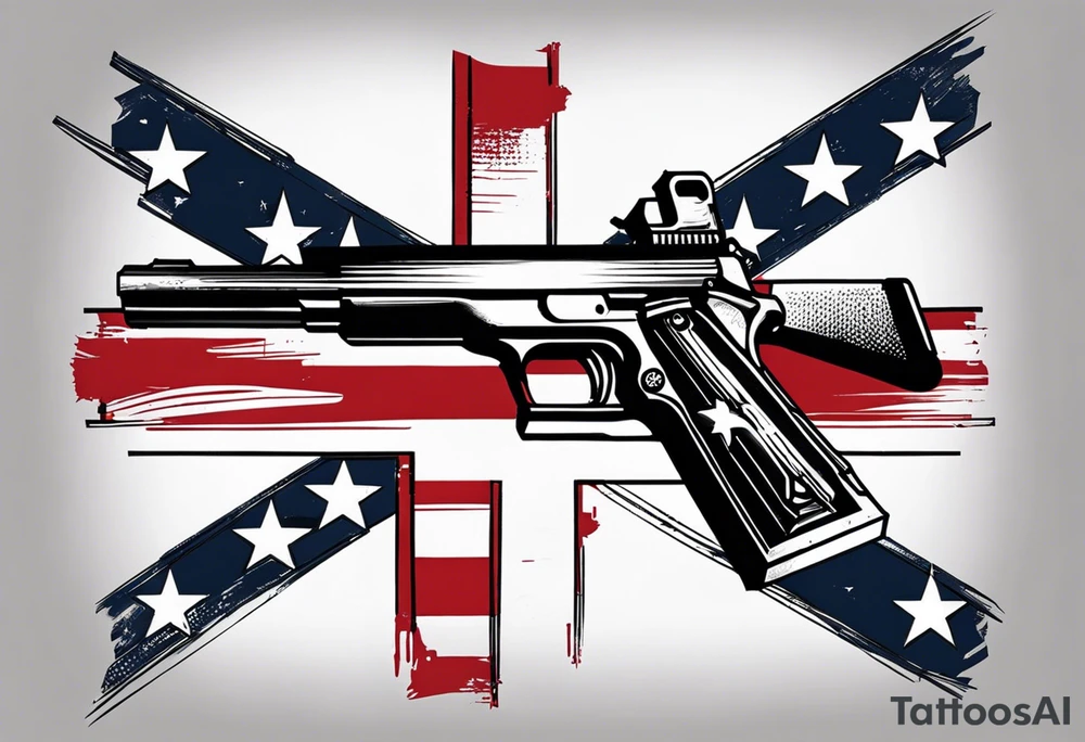 Distressed American flag behind a cross with 2 guns leaned on it simpler tattoo idea