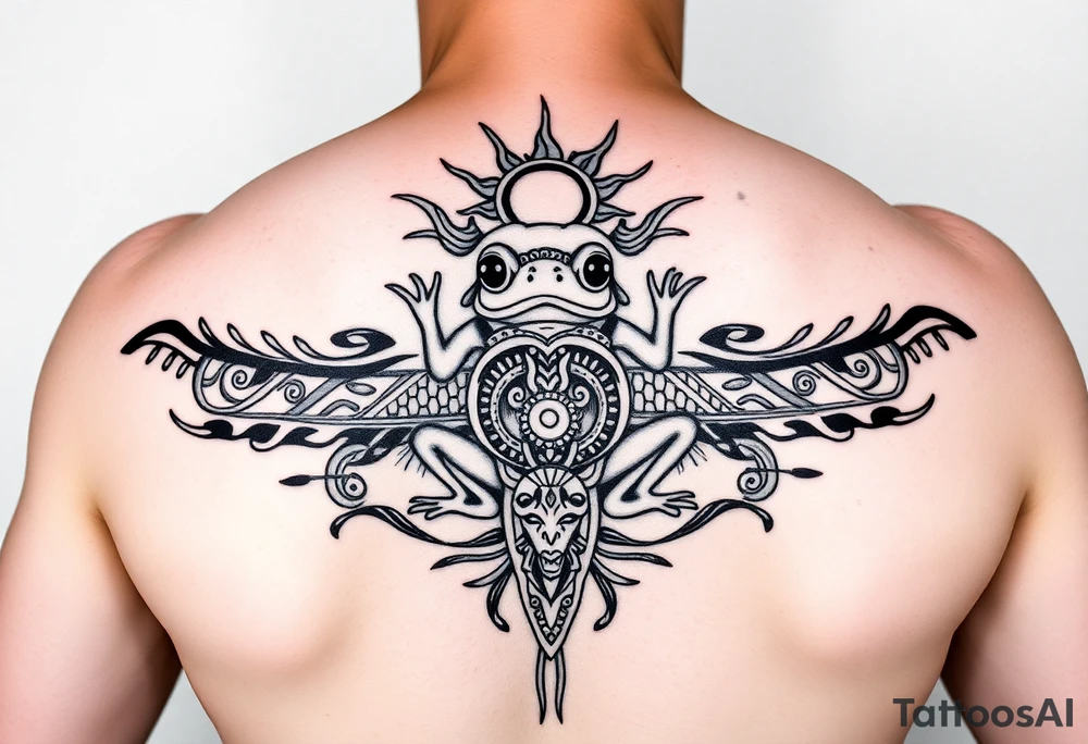 [ Elbow Cap ]
↑   Sun with tribal rays wrapping around
↑   Shark tooth band & wave divider
↑   Central panel: Coquí frog in tribal style
↑   Spiral swirl (Taíno) near vein-side
↑   Marquesan-style fish scale panel
↑   Zemi spirit mask or face
↑   Spearhead band near wrist
[ Wrist ] tattoo idea