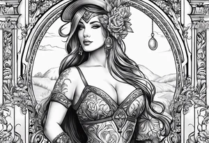 a female figure with a bridle, cheap groceries, diluting wine with water. tattoo idea