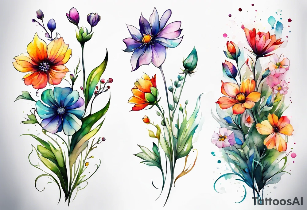 wild flowers long stems all watercolor tattoo idea