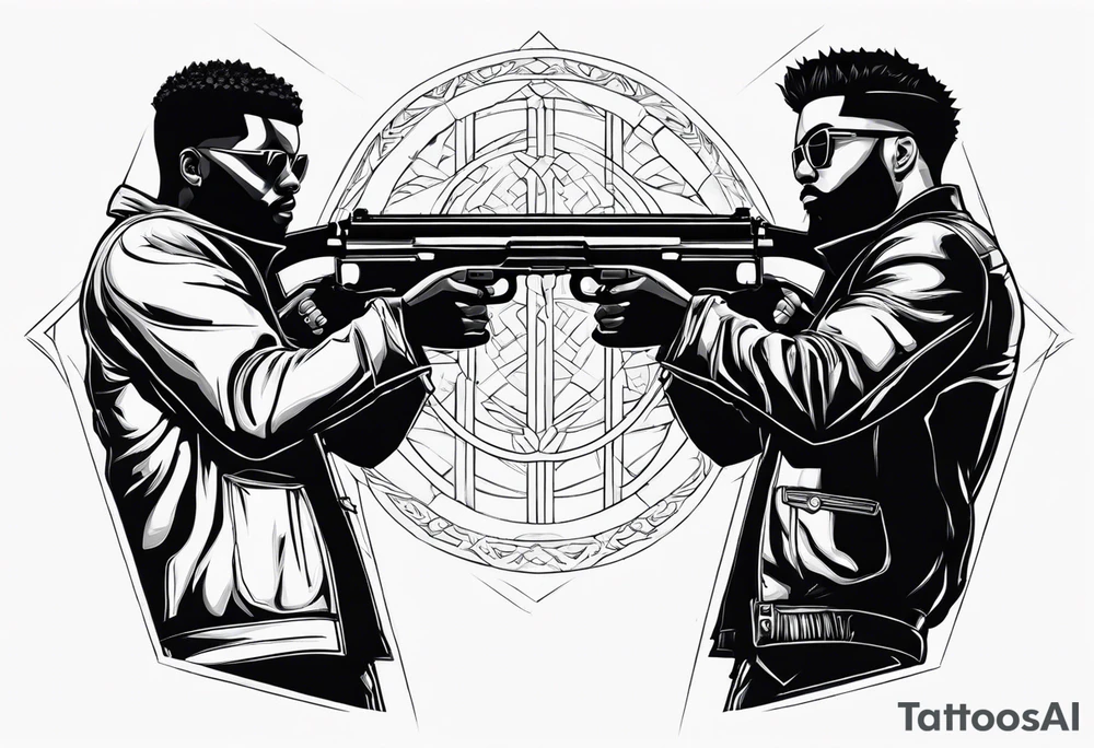 A reflection of two black siloets of people holding guns at two siloets dead tattoo idea