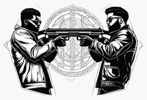 A reflection of two black  siloets of people  holding guns at two siloets dead tattoo idea
