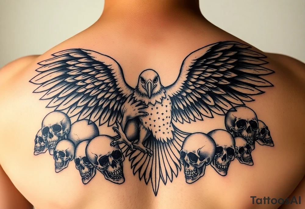 powerful majestic eagle with wings wind open, surrounded by skulls tattoo idea