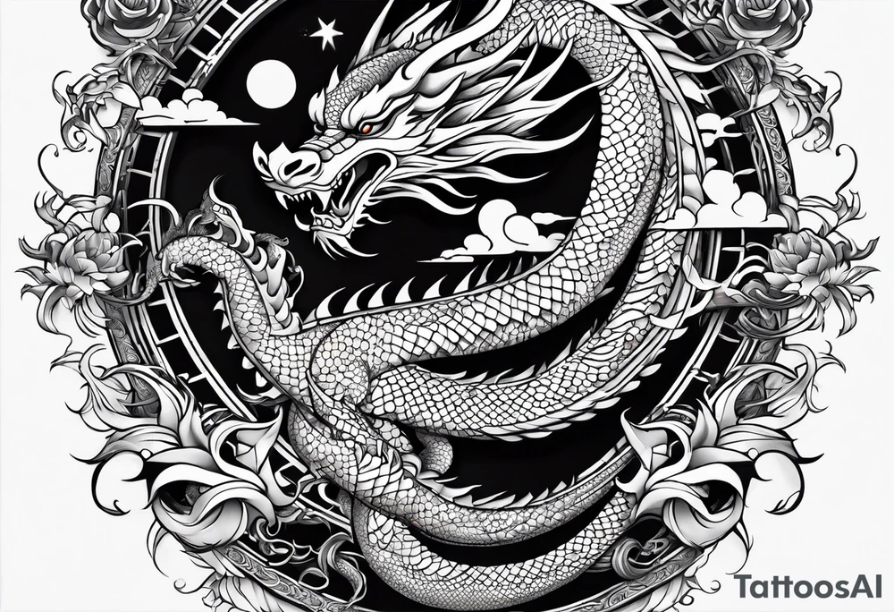 white and black dragon intertwined around the yinyan and with each other tattoo idea