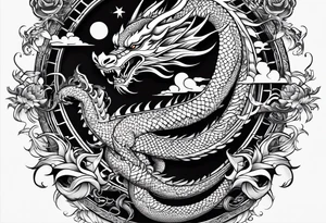 white and black dragon intertwined around the yinyan and with each other tattoo idea