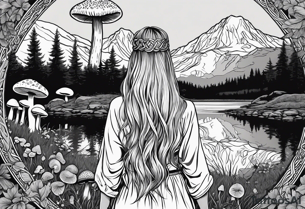 Whole picture encircled fully

Straight long blonde hair hippie girl in distance holding mushrooms in hand facing away toward mountains and creek surrounded by mushrooms long sleeve shirt and hiking pants; whole rendering within a full celtic circle, no cut off circle tattoo idea