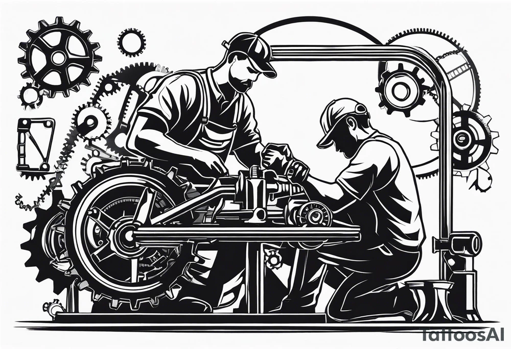 Create a BLACK and white drawing of a mechanic working on a machine, surrounded by mechanical elements like gears and tools. Clear lines, no shadows, no greys tattoo idea