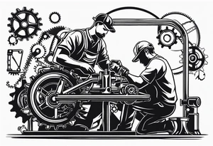 Create a BLACK and white drawing of a mechanic working on a machine, surrounded by mechanical elements like gears and tools. Clear lines, no shadows, no greys tattoo idea