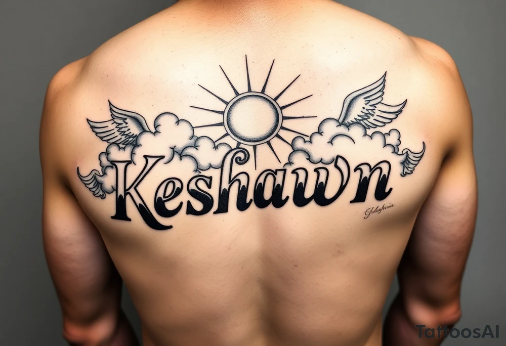 The name Keshawn with some clouds and sun rays beaming out of the clouds with angels around his name tattoo idea