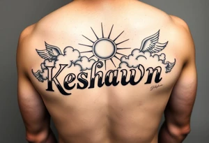 The name Keshawn with some clouds and sun rays beaming out of the clouds with angels around his name tattoo idea