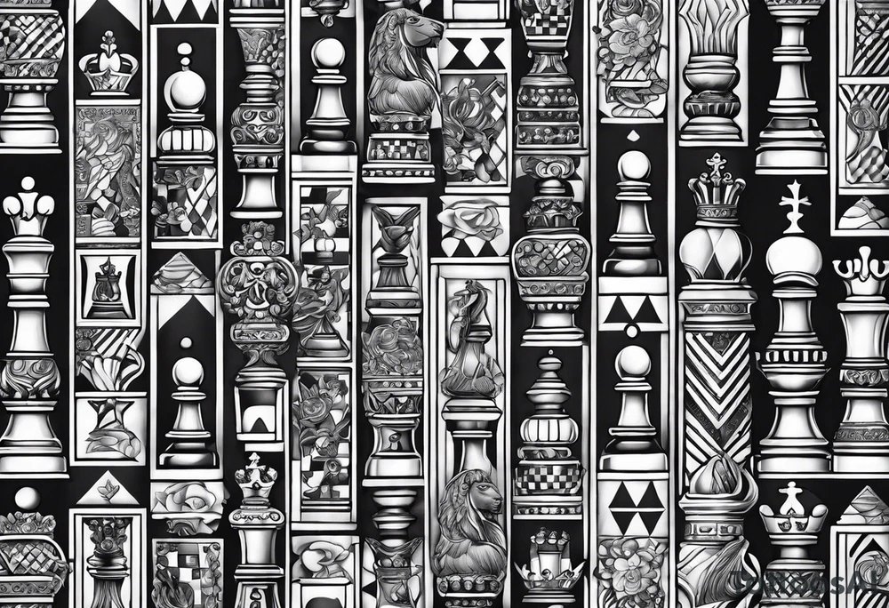 narrow rectangle strip made of chess queens and pawns holding hands tattoo idea