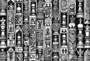 narrow rectangle strip made of chess queens and pawns holding hands tattoo idea