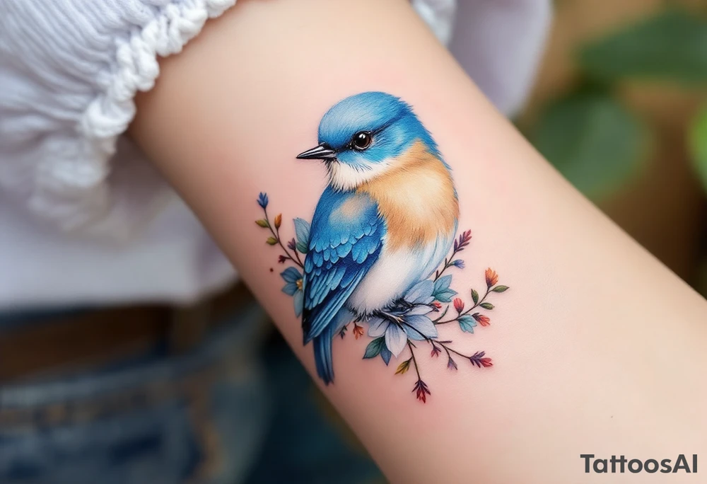 Puffy bluebird surrounded by wild flowers tattoo idea