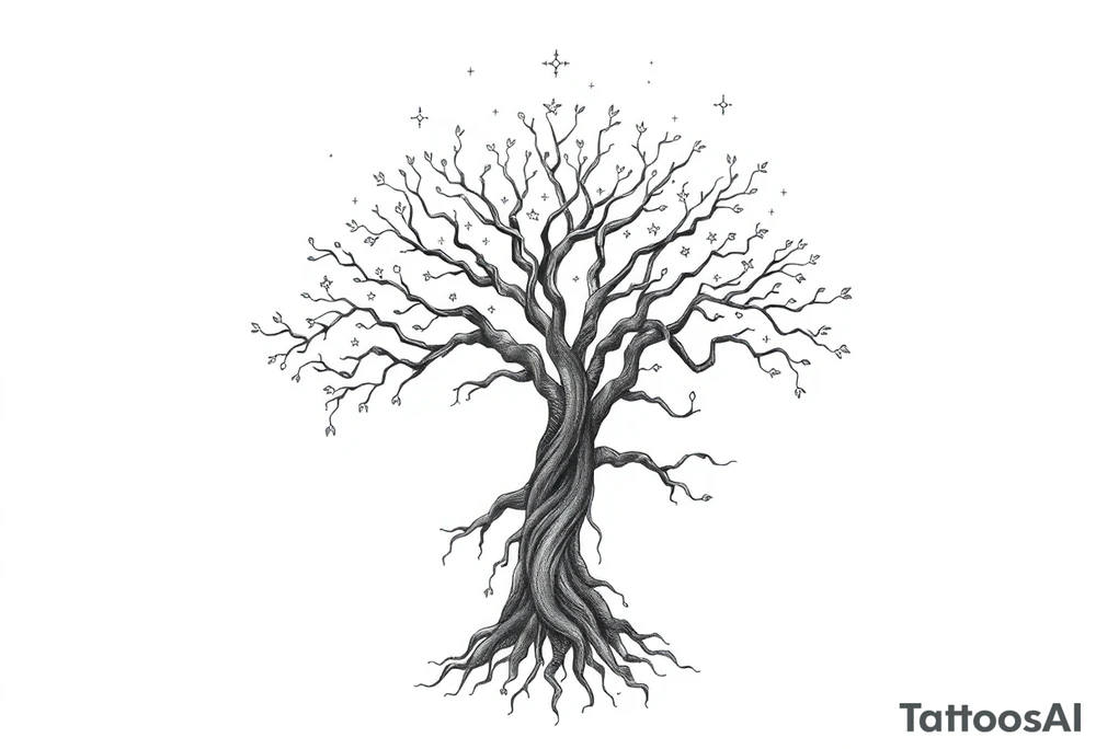 mystical tree of life with cosmic roots and celestial branches tattoo idea