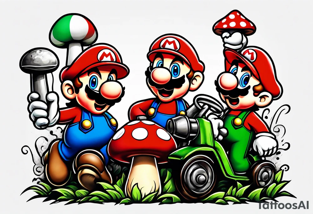 Mario and Luigi with toadstool and cannons and bombs tattoo idea