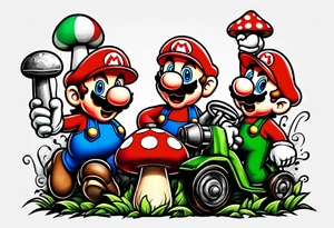 Mario and Luigi with toadstool and cannons and bombs tattoo idea
