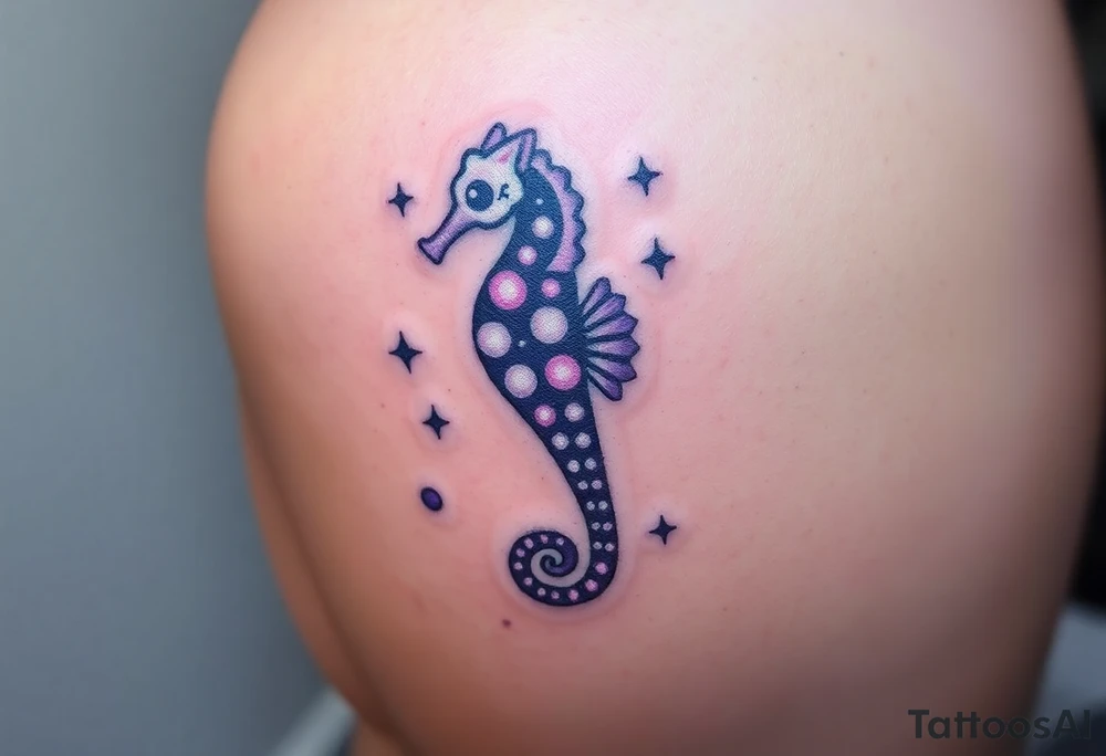 A celestial seahorse floating among the stars, its body made of constellations in purples and silvers. tattoo idea