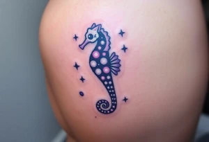 A celestial seahorse floating among the stars, its body made of constellations in purples and silvers. tattoo idea
