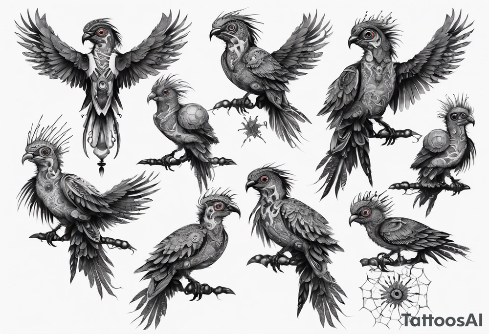 Cyberpunk Guatemalan Quetzal birds with Neurons tattoo idea