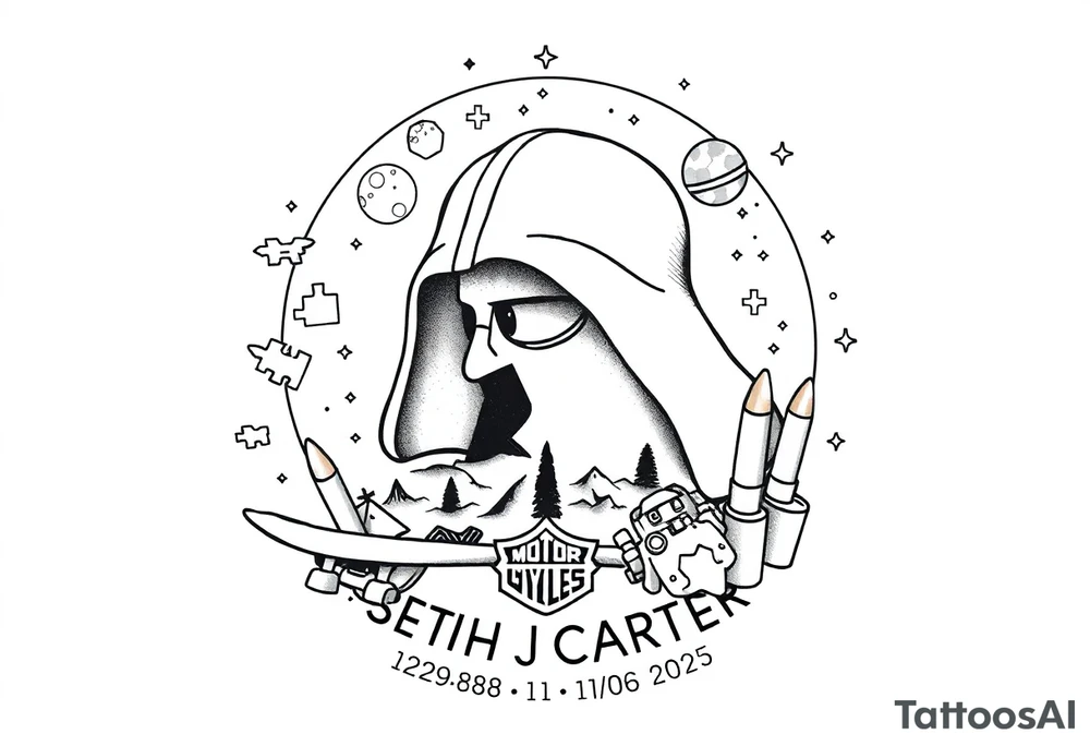 memorial, futuristic, star wars, space, skateboarding, camping, puzzle pieces, video games, heaven, god, outdoors, bullets, Harley Davidson, 
Seth J. Carter AKA "Darth Carter"
12/29/88-01/06/2025 tattoo idea