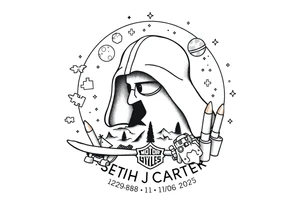 memorial, futuristic, star wars, space, skateboarding, camping, puzzle pieces, video games, heaven, god, outdoors, bullets, Harley Davidson, 
Seth J. Carter AKA "Darth Carter"
12/29/88-01/06/2025 tattoo idea