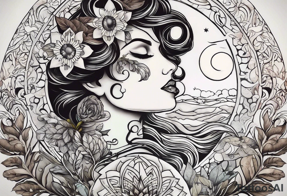 Mächtige meijestätisch Hanf Pflanze, mega sexy brünette Frau mit großen Titten, raucht Joint bei Vollmond tattoo idea