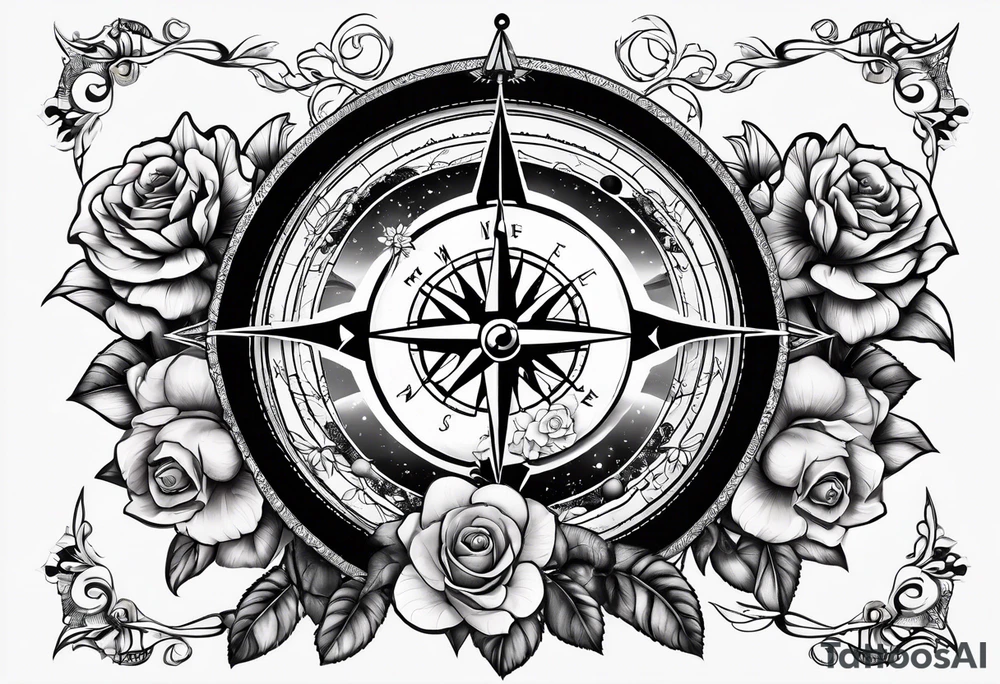 Compass with mountains and moons and flowers like roses or orchids tattoo idea