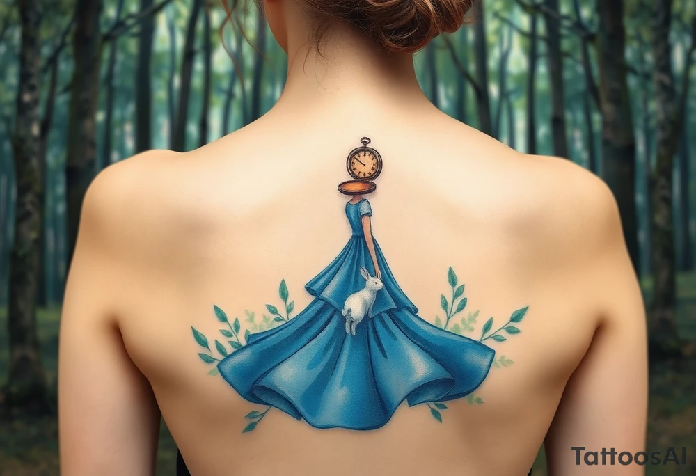 Back view of a girl in a blue dress walking in a forest following a small white rabbit. A pocket watch on top of the scene, falling amongst the trees tattoo idea
