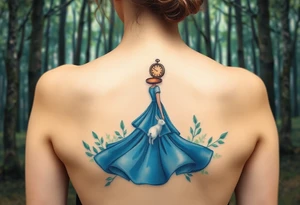 Back view of a girl in a blue dress walking in a forest following a small white rabbit. A pocket watch on top of the scene, falling amongst the trees tattoo idea