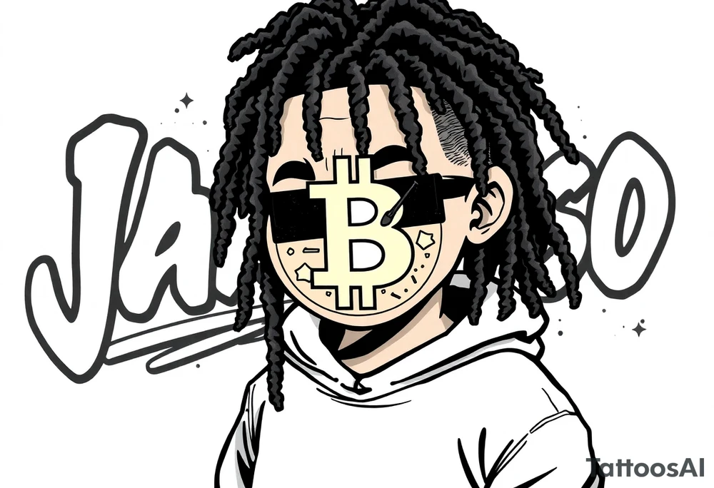 Create a tattoo stencil Use a street-art / pop-art vibe with a cartoon figure with dreadlocs holding a bitcoin to cover his eyes have bold lines, “x” for eyes. make them have on a hoodie and jogger sweatpants have in the background in graffiti letters “Jaruso”. Can you make this person a sneakerhead tattoo idea