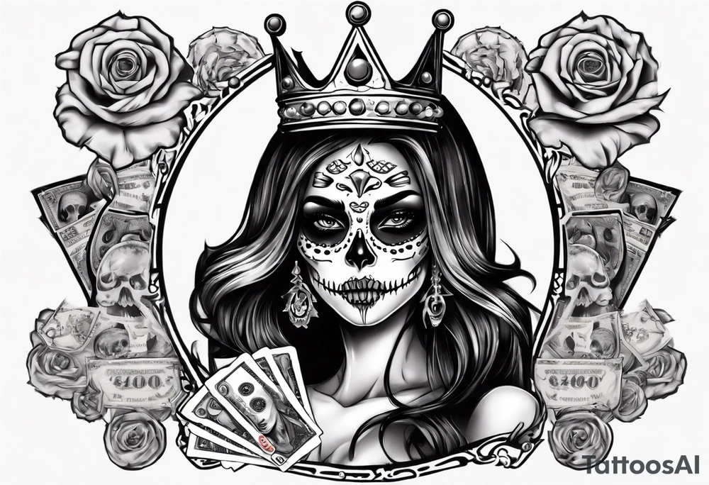 santa la muerta with money and crown
on the card tattoo idea