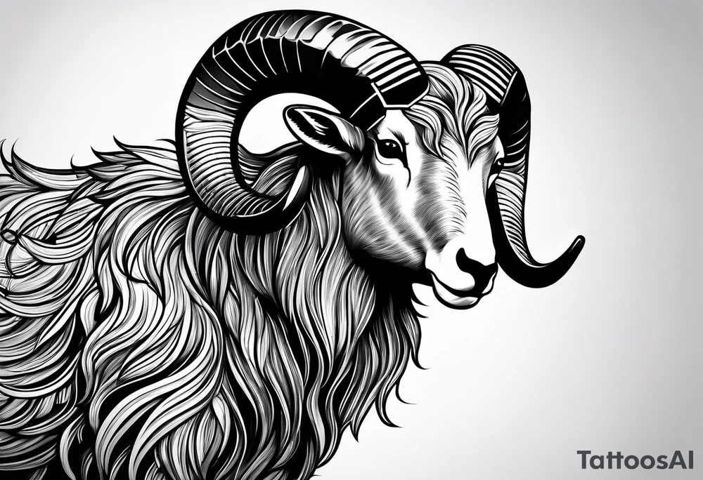tattoo design containing the following objects: ram head, floorball ball, hockey stick, fishing rod tattoo idea