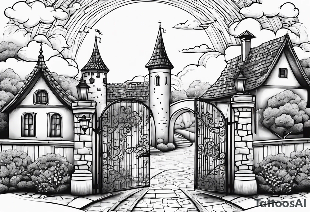 sky medieval town garden small houses gate entrance 
 in rounded vignette surrounded by clouds tattoo idea