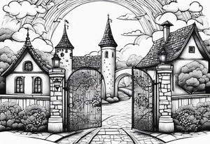 sky medieval town garden small houses gate entrance 
 in rounded vignette surrounded by clouds tattoo idea