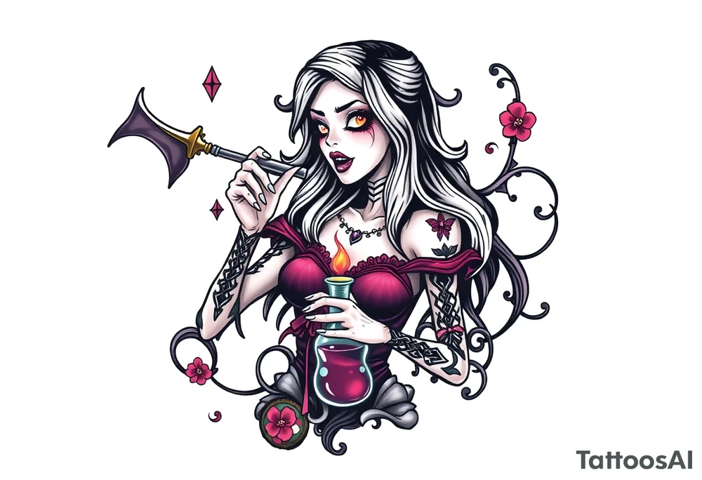 Female grim drinks death potion to get power tattoo idea