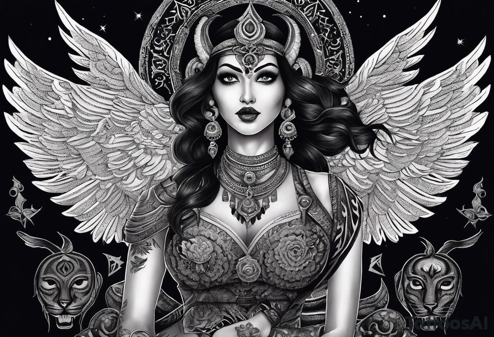 black kali, goddess pirate, alien, angel, pachamama, valkrye, warrior, flying, skull, lotus azul, wing, eagle, zenza resonance, stars, 5D, anahata chakra, death, durga, riding on a tiger, flying lady, kundalini, chest tatoo, samuri, rebel,s erpent tattoo idea