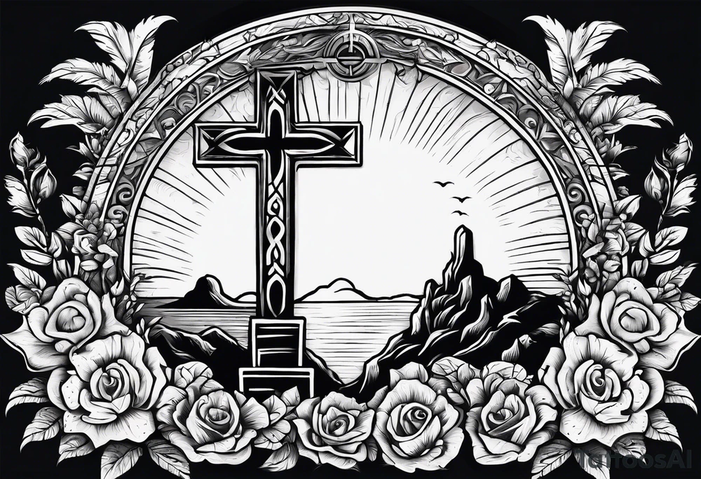Tomb with cross and sun in the background tattoo idea