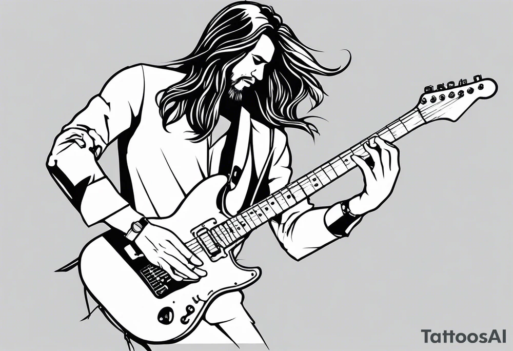 long hair rock man playing electric guitar tattoo idea