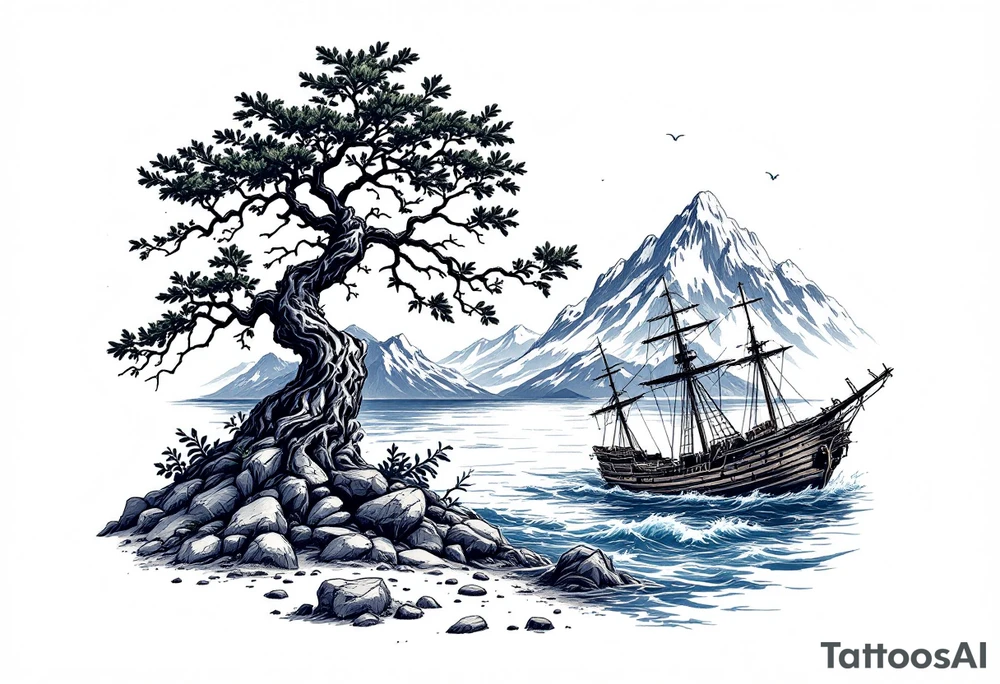 acacia tree with mountains and the ocean and a ship wreck tattoo idea